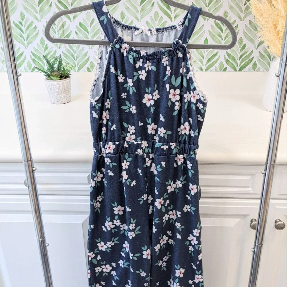 Girls Navy Blue Floral Jumpsuit pull on size 14 Spring School Fall